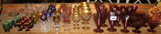 Gilt rimmed glasses, German hock glasses and other glassware